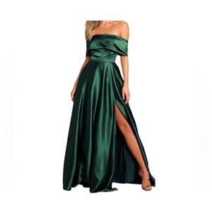 NWT Lulu's Greatest Hits Forest Green Satin Off-the-Shoulder Maxi Dress Large